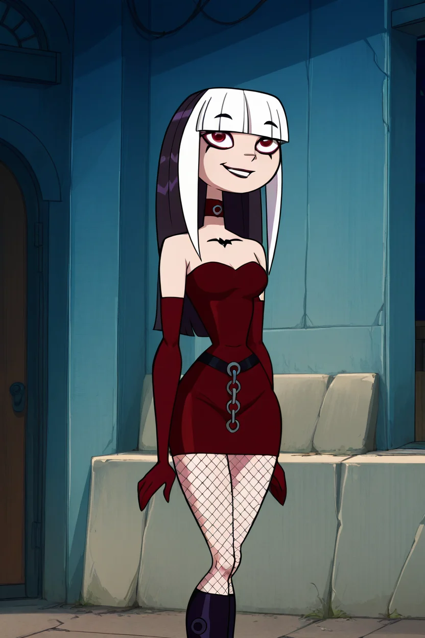 masterpiece, best quality, solo, curvy, beautiful eyes, zzCrimson, goth, blunt bangs, long hair, red eyes, makeup, fishnets, knee boots, red dress, elbow gloves, <lora:CrimsonTDI_IXL:1.0>, upper body, smile, looking at viewer, shiny skin,<lora:TTitansStyleIXL:1.0>,