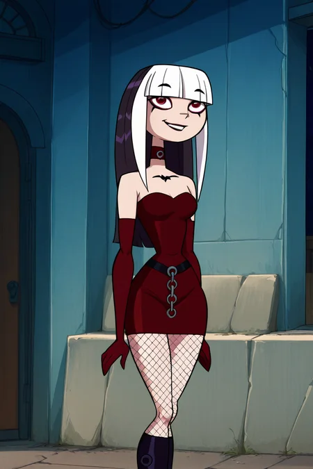masterpiece, best quality, solo, curvy, beautiful eyes, zzCrimson, goth, blunt bangs, long hair, red eyes, makeup, fishnets, knee boots, red dress, elbow gloves, <lora:CrimsonTDI_IXL:1.0>, upper body, smile, looking at viewer, shiny skin,<lora:TTitansStyleIXL:1.0>,
