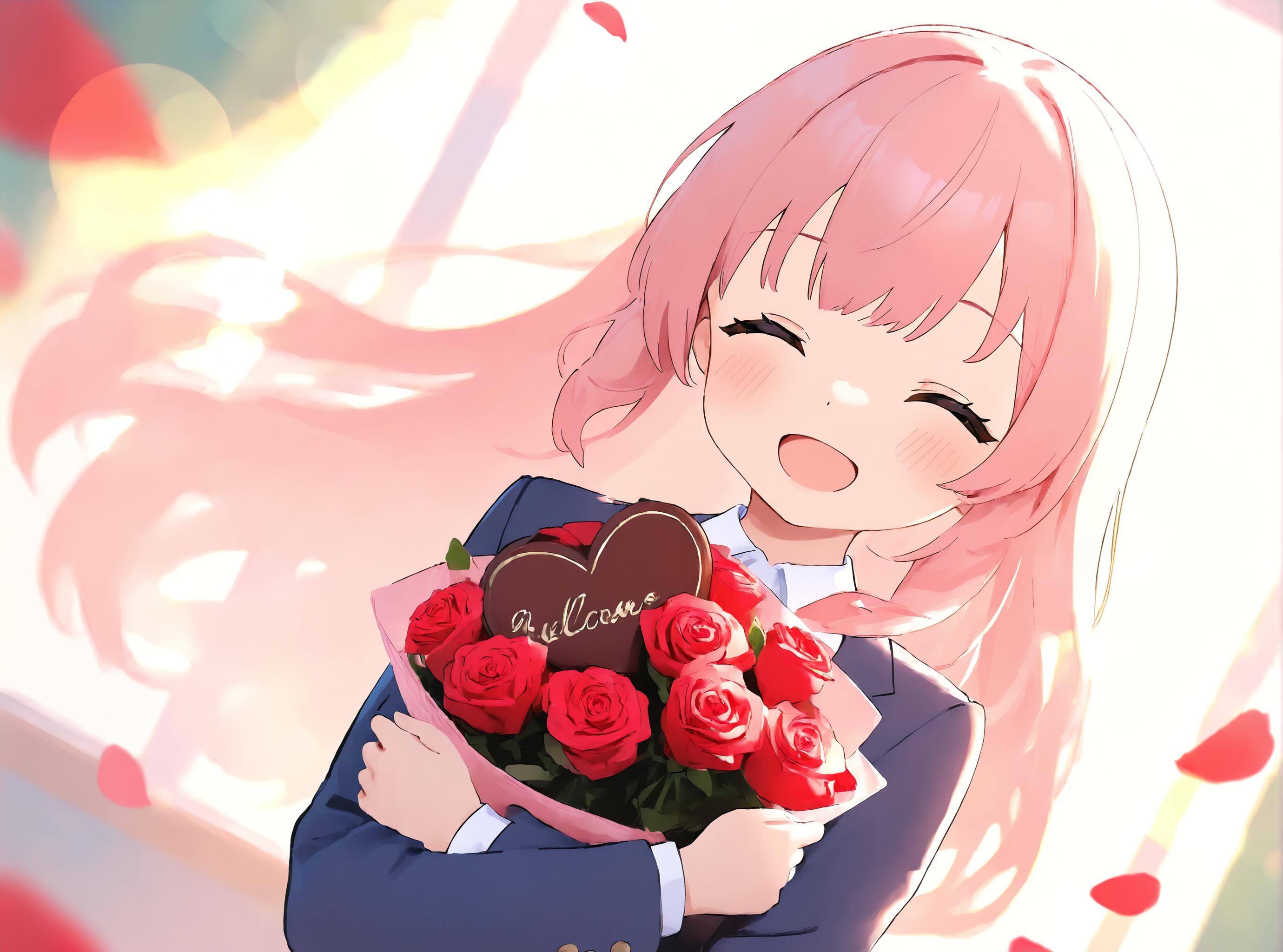 1girl, solo, dutch angle, cute girl, long hair, smile, open mouth, closed eyes, upper body, school uniform, blazer, bouquet, rose, heart-shaped chocolate, falling petals, cinematic, beautiful light, lens flare, painterly, <lora:locute_v3_v09:1>