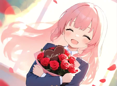 1girl, solo, dutch angle, cute girl, long hair, smile, open mouth, closed eyes, upper body, school uniform, blazer, bouquet, rose, heart-shaped chocolate, falling petals, cinematic, beautiful light, lens flare, painterly, <lora:locute_v3_v09:1>