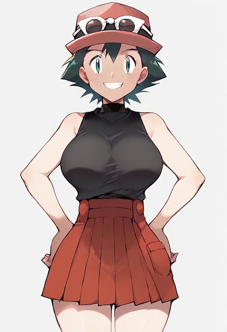 score_9, score_8_up, score_7_up, ((ash3)), black hair,
1girl, big breasts, genderswap (mtf),gender swap, solo, ketchum ash, looking at viewer, (smiling) , curvy, wide hips,, <lora:jyojimizugi_XL_V1.0:0.6> jyojimizugi,
eyewear on head, hat, pleated skirt, sunglasses, black shirt, sleeveless, red skirt, jockey hat,
serena,