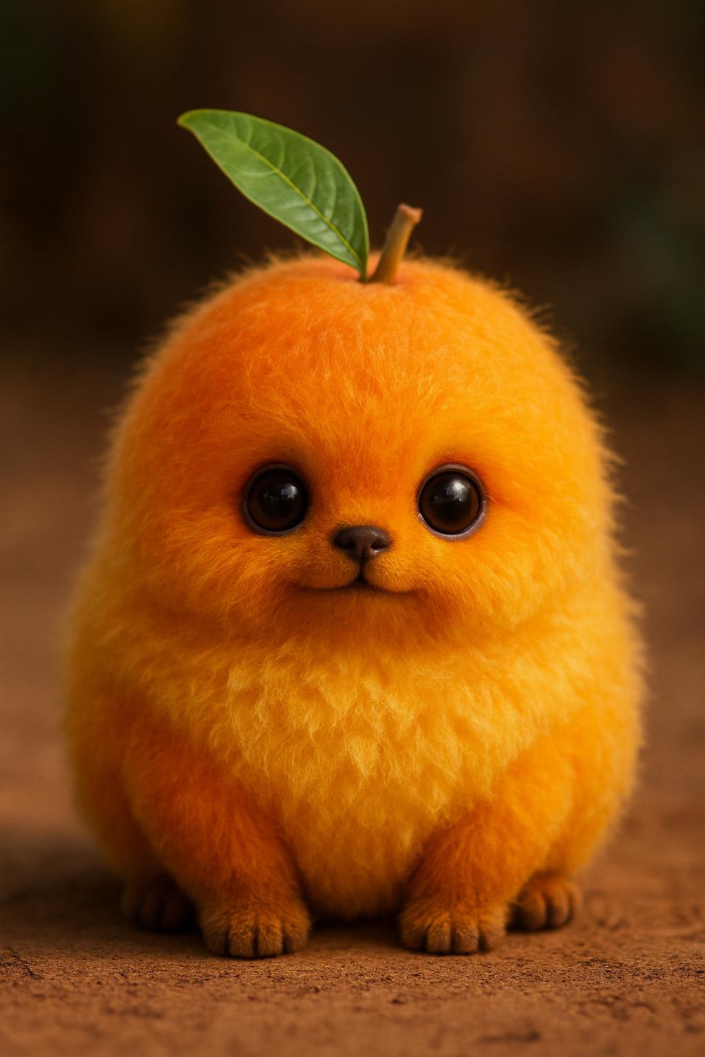 Generate me a image of a cute little mango creature, realistic, fluffy creature, cute