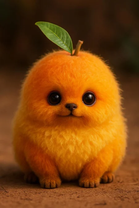 Generate me a image of a cute little mango creature, realistic, fluffy creature, cute