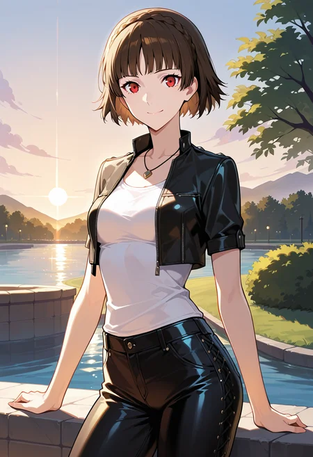 (masterwork, masterpiece, best quality, hyper-detailed :1.2)
1 girl, solo
p5makoto, niijima makoto, brown hair, blunt bangs, crown braid, red eyes,
p5makoto-strikers, necklace, short sleeves, cropped jacket, black leather jacket, open clothes, collarbone, white shirt, tank top, pendant, leather pants
outside, summer, park, sun, hot, treens, greenery, happy, smile, looking at viewer, cowboy shot,