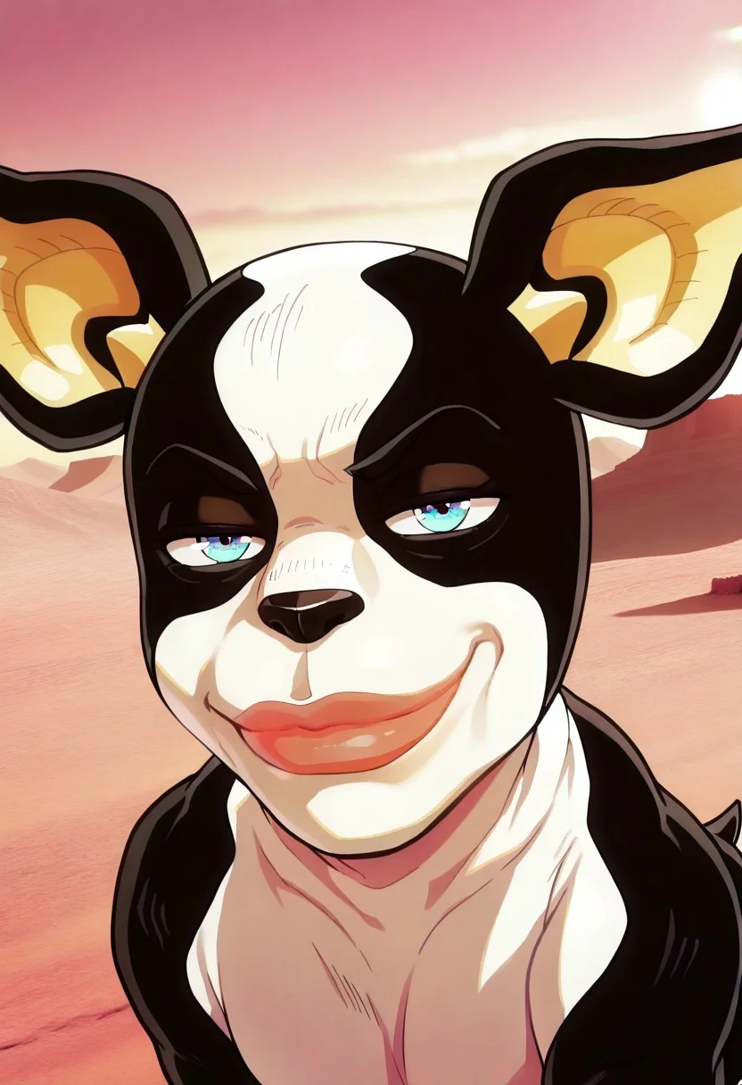 face shot, iggy, male, feral, furry male, solo, black fur, white fur, two-tone fur, yellow ears, blue eyes, black nose, mikus-concept, lips, looking at viewer, closed mouth, smile, outdoor,desert, BREAK ,20r0j_2,by Syuro,masterpiece, best quality, amazing quality, very aesthetic,highres,