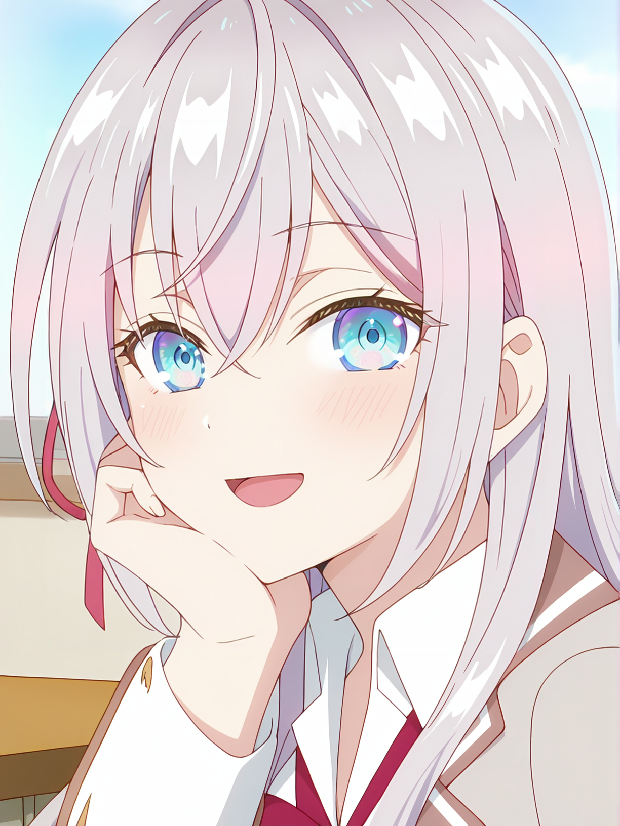 <lora:Alya_v2:1>, alya, 1girl, solo, blue eyes, long silver hair, red hair bow, school uniform, beige blazer, white collared shirt, smile, open mouth, sitting, hand on own face, head rest, looking at viewer, close-up, cropped, indoors, window, classroom, sky, day