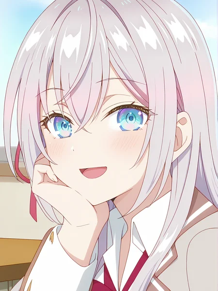 <lora:Alya_v2:1>, alya, 1girl, solo, blue eyes, long silver hair, red hair bow, school uniform, beige blazer, white collared shirt, smile, open mouth, sitting, hand on own face, head rest, looking at viewer, close-up, cropped, indoors, window, classroom, sky, day