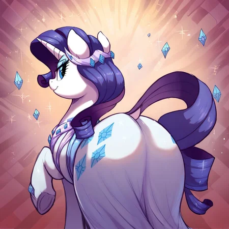 score_9, score_8_up, score_8, Rarity \(mlp\), unicorn pony, lustful looking over shoulder, gown made of crystals, posing with tail up, at the gala, welost, rearshot, wide hips, detailed background