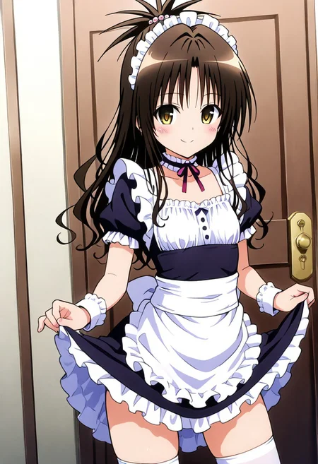 masterpiece, best quality, rin kujou, long hair, black hair, brown eyes, ponytail, parted bangs, sidelocks, hair intakes,
clothes lift, apron, zettai ryouiki, wrist cuffs, maid, maid headdress, skirt lift, enmaided, door, yuuki mikan, looking at viewer, frills, choker, white thighhighs, dynamic pose, smile, looking at viewer,