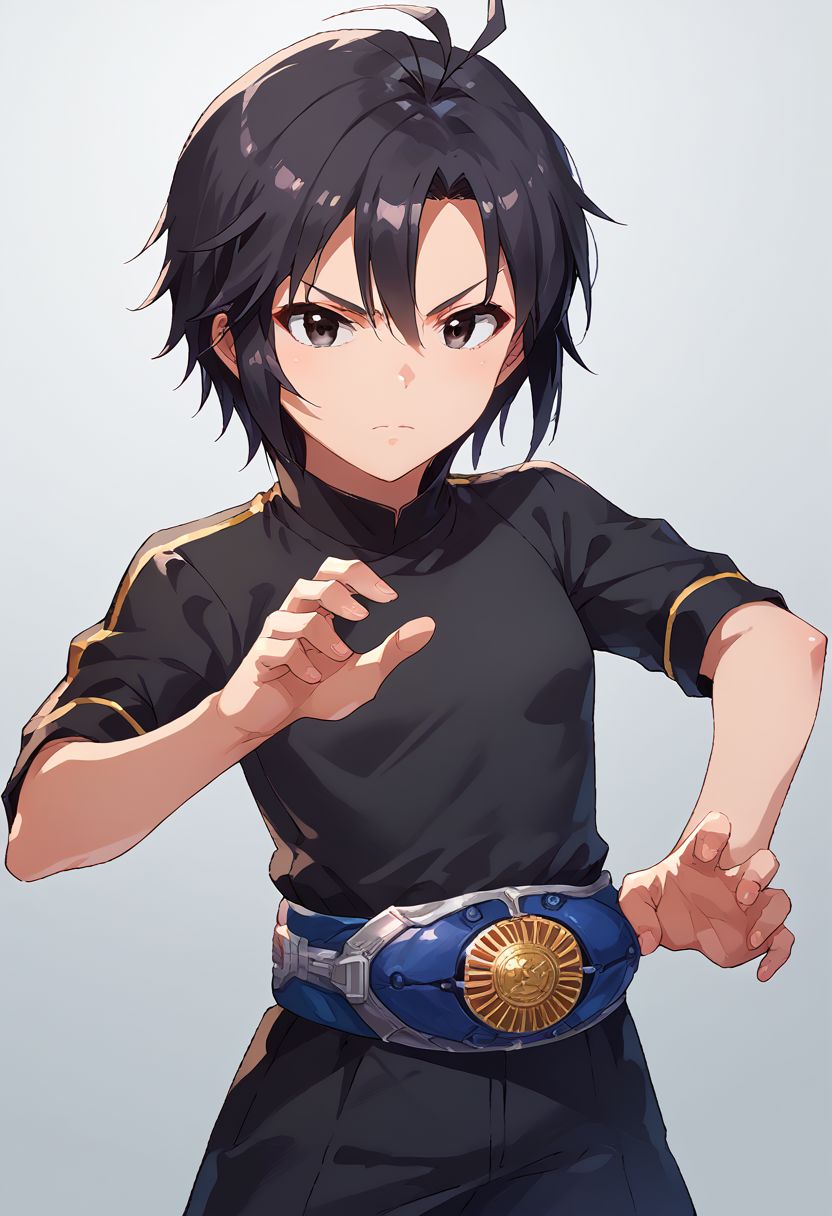 score_9, score_8_up, score_7_up, source_anime,
kkcmkt, short hair, black hair, antenna hair, hair between eyes, black eyes, flat chest,  small breasts, rider belt, henshin pose