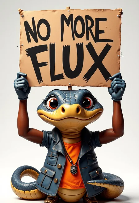 An angry anthropomorphic 3D rendering of a cute snake wearing punk rock gear holding up a protest sign that says "NO MORE FLUX"