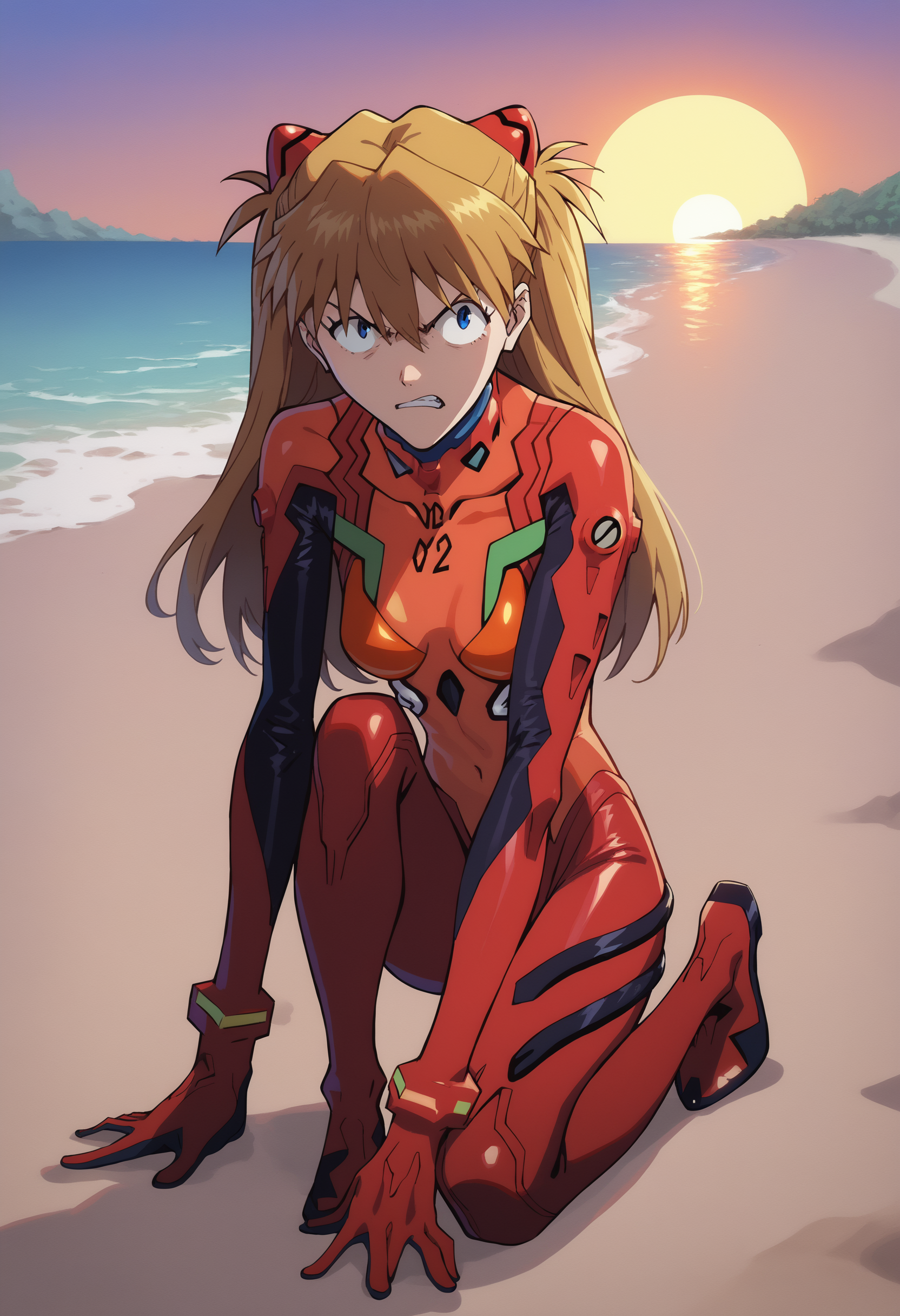 score_9, score_8_up, score_7_up, score_6_up, BREAK,sunset, beach, sand,<lora:asukatopXL_Pony_v1:1> portrait of asklng1, 1girl,long hair,blue eyes,angry<lora:Smooth Anime Style LoRA XL:1> red plugsuit,interface headset,full body