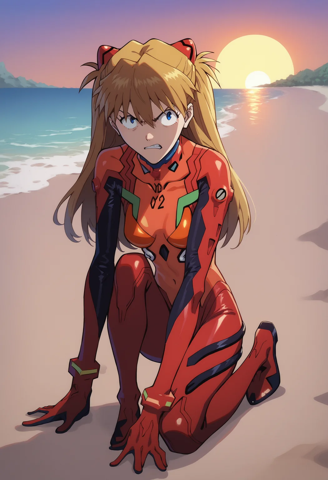 score_9, score_8_up, score_7_up, score_6_up, BREAK,sunset, beach, sand,<lora:asukatopXL_Pony_v1:1> portrait of asklng1, 1girl,long hair,blue eyes,angry<lora:Smooth Anime Style LoRA XL:1> red plugsuit,interface headset,full body