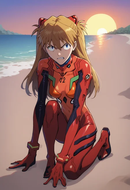 score_9, score_8_up, score_7_up, score_6_up, BREAK,sunset, beach, sand,<lora:asukatopXL_Pony_v1:1> portrait of asklng1, 1girl,long hair,blue eyes,angry<lora:Smooth Anime Style LoRA XL:1> red plugsuit,interface headset,full body