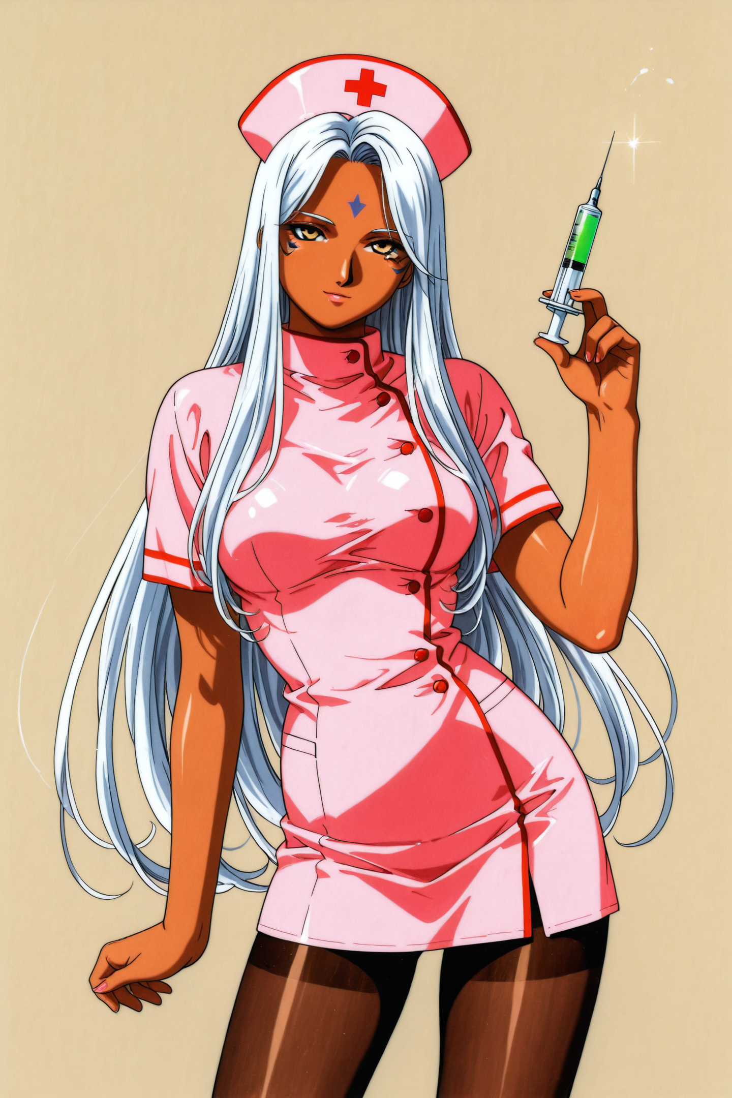 Urd,1girl,solo,nurse,syringe,long hair,hat,forehead mark,facial mark,nurse cap,pantyhose,dark skin,white hair,dark-skinned female,very long hair,traditional media,1990s \(style\),retro artstyle,
<lora:Kosuke Fujishima_illustriousXL:0.4>,
<lora:Yasuomi Umetsu_illustriousXL:0.8>,