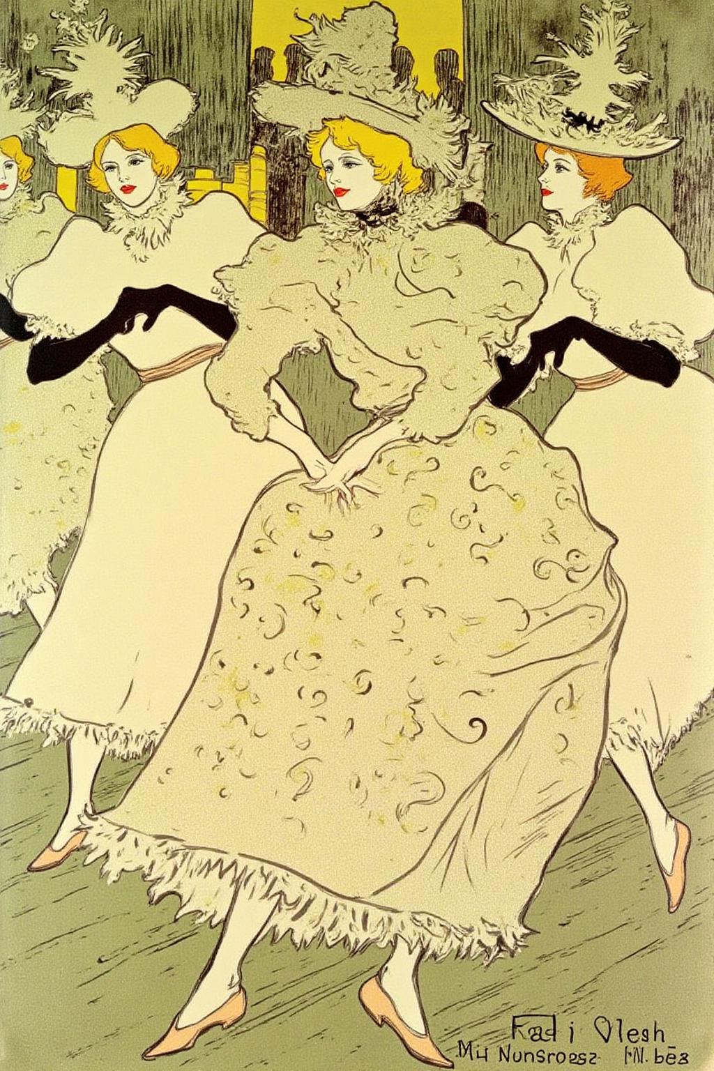 lautrec1 illustration rendered in a stylized, Art Nouveau style typical of the era, with a pastel color palette dominated by shades of green, yellow, and brown. Four women are depicted dancing in the center of the image. They are dressed in elaborate, flowing, off-white ballerina tutus with intricate, swirling patterns. Each woman wears a large, ornate hat with a tall, curved brim, adding to the Art Nouveau aesthetic. The women's legs are bent at the knees, suggesting they are mid-dance, with their feet elegantly positioned. Their faces are not visible, but their attire and hats suggest they are wearing period-appropriate clothing.
 <lora:lautrec1_cap_d6a3e11:1.0><lora:810955912429795487:0>
