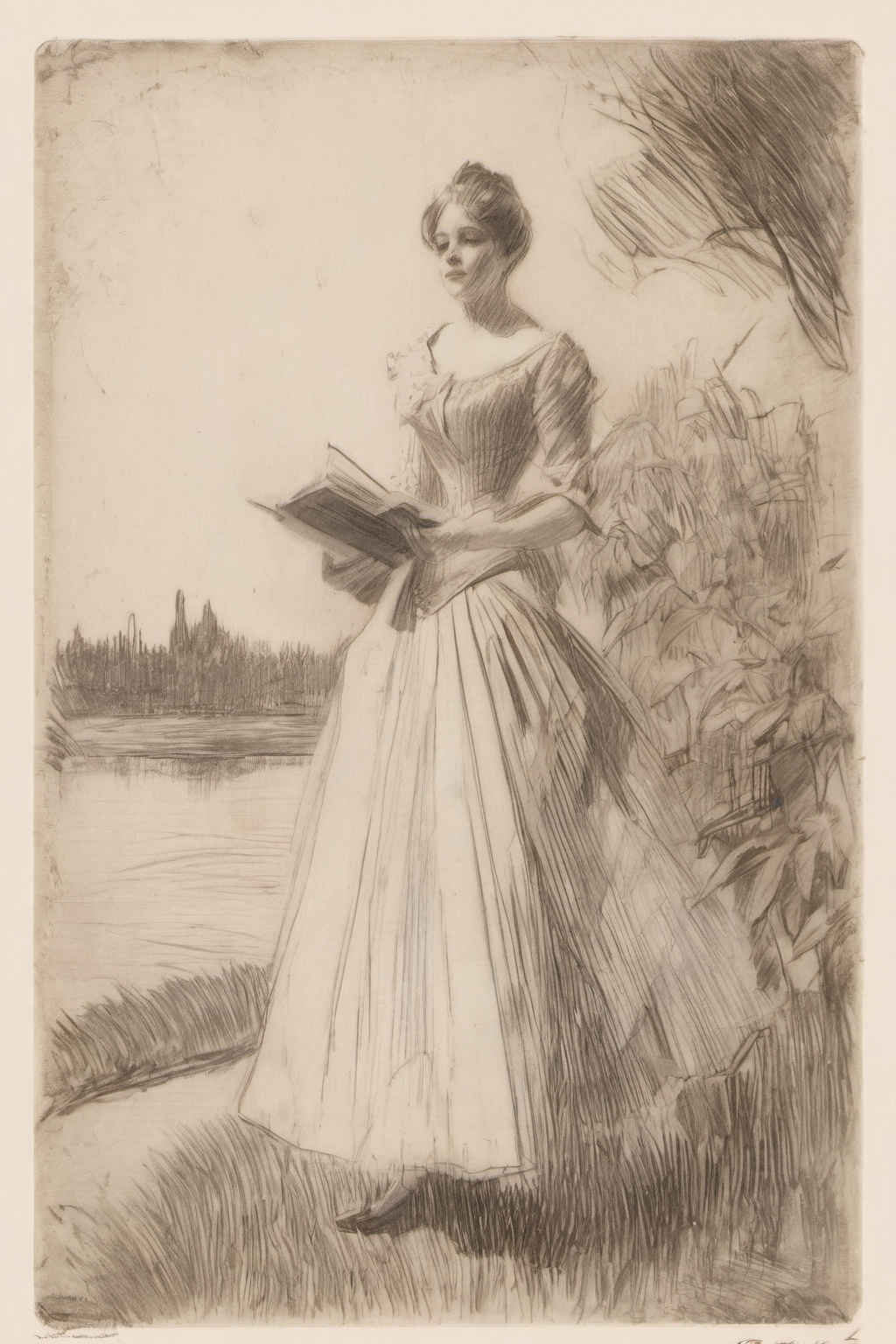 best quality, traditional media, pencil sketch style, zorn, 1 girl, dress, garden, upperbody <lora:zorn:1>
