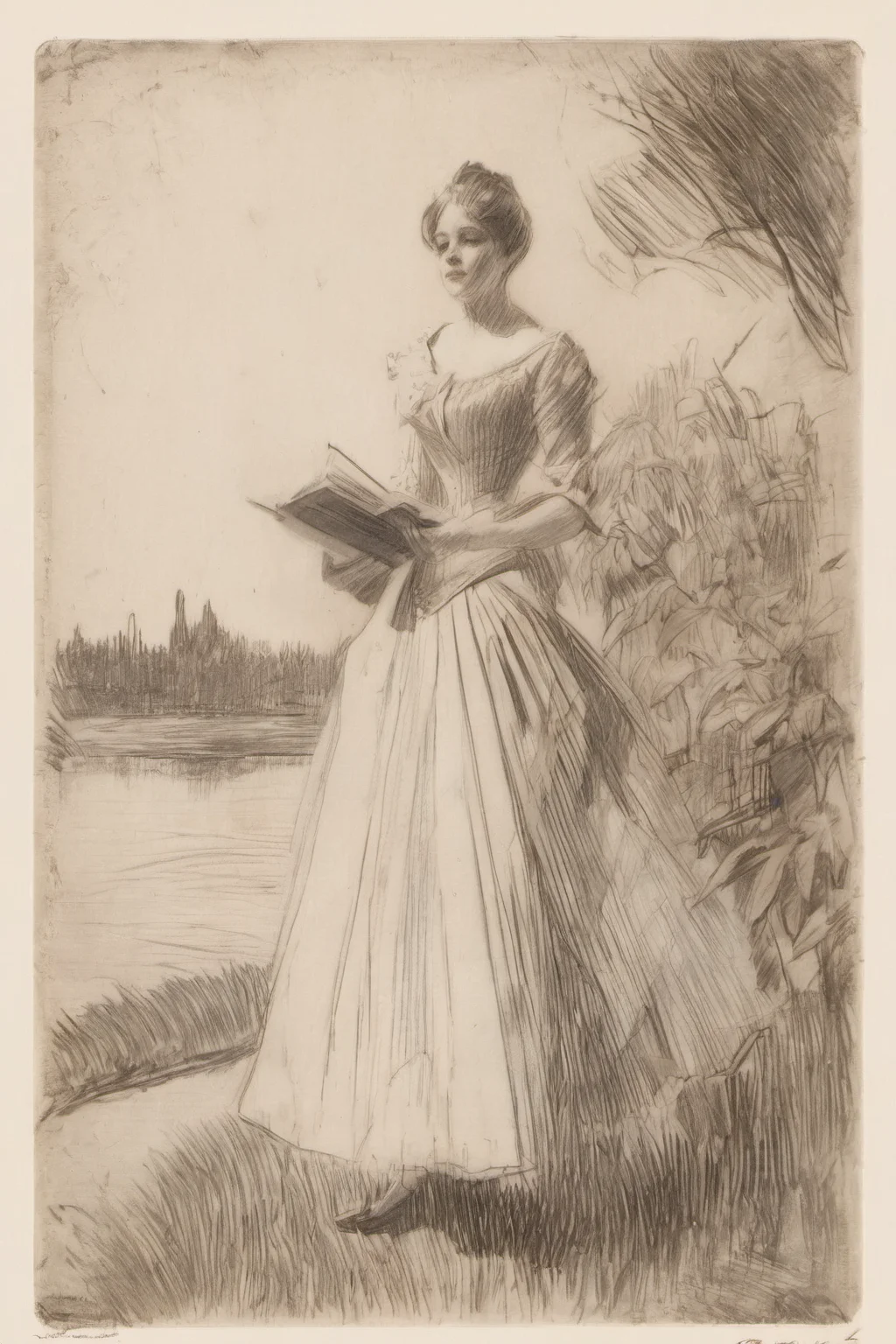 best quality, traditional media, pencil sketch style, zorn, 1 girl, dress, garden, upperbody <lora:zorn:1>