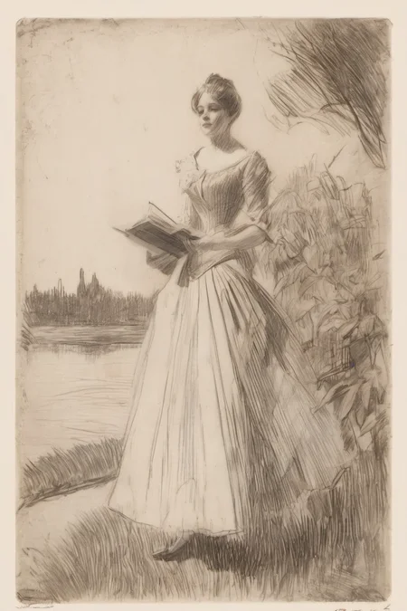 best quality, traditional media, pencil sketch style, zorn, 1 girl, dress, garden, upperbody <lora:zorn:1>