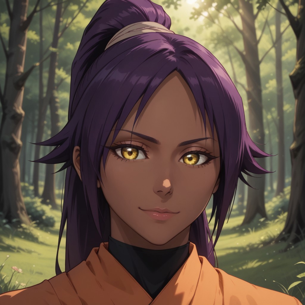 score_9, score_8, BREAK, solo, Shihouin_Yoruichi_(Bleach), 1girl, golden eyes, long hair, purple hair, bangs, ponytail, black leotard, black thighhighs, big breasts, dark skin, dark skin female, self portrait, smile, looking at viewer, outdoors, sunlight, shadows, evening lighting, natural lighting, forest, trees, grass, orange sky, sunset