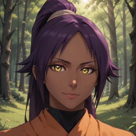 score_9, score_8, BREAK, solo, Shihouin_Yoruichi_(Bleach), 1girl, golden eyes, long hair, purple hair, bangs, ponytail, black leotard, black thighhighs, big breasts, dark skin, dark skin female, self portrait, smile, looking at viewer, outdoors, sunlight, shadows, evening lighting, natural lighting, forest, trees, grass, orange sky, sunset
