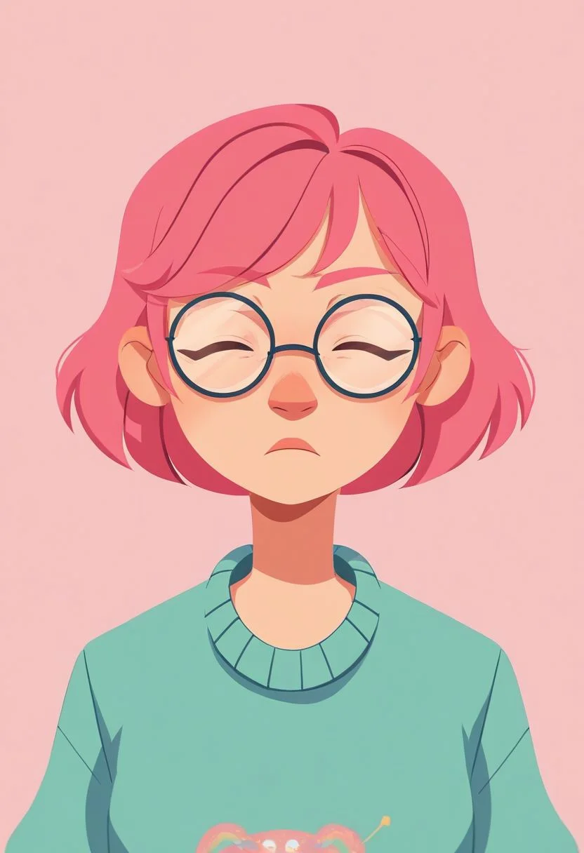 2zdxxps, 1girl, solo, glasses, simple background, pink background, short hair, closed eyes, upper body, pink hair, sweater, shirt, round eyewear, 2 dimensional, flat color, cel shading, source_cartoon, vector art, score_9, score_8_up,