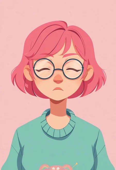 2zdxxps, 1girl, solo, glasses, simple background, pink background, short hair, closed eyes, upper body, pink hair, sweater, shirt, round eyewear, 2 dimensional, flat color, cel shading, source_cartoon, vector art, score_9, score_8_up,