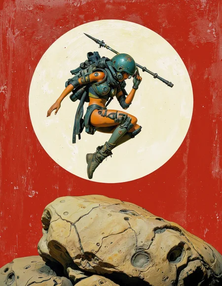 By Passcal Blanché. A digital illustration depicting a futuristic science fiction scene. The central character is an orange-skinned humanoid figure, wearing a dark green spacesuit with a bulky helmet-like headdress. The character is in mid-air, leaping over a large, textured beige object that appears to be a rock. The character's suit has a sleek, high-tech appearance with visible straps and panels, suggesting advanced materials. The suit also has a number of small circular holes and patches, adding to its worn, utilitarian appearance. The character's left arm is extended forward, holding a long, thin spear-like weapon. The background features a large, off-white circular element, likely a planet or moon, providing a stark contrast to the character's vibrant suit and the red, textured background behind him. The red background has a textured, almost leather-like appearance, adding depth and a sense of ruggedness to the scene. The overall style of the illustration is highly detailed and realistic, with an emphasis on textures and lighting that enhance the sense of depth and movement. <lora:Pascal_Blanché:0.85>