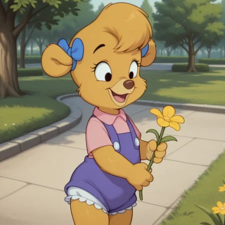 masterpiece, best quality, amazing quality, m011ycham, female, furry female, solo, anthro, young, bear, yellow fur, short hair, black eyes, eyelashes, tan muzzle, brown nose, claws, short, blue hairbows, pink shirt, blue overalls, buttons, white bloomers, standing, holding flower, smile, open mouth, outdoors, park,
