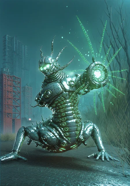 ((score_9, score_8_up, score_7_up)), masterpiece, perfect anatomy, wide shot, solo, biopunk, futuristic cyborg fallout_centaur, ferrous monster, smooth torso, grey metallic skin, metallic tentacles, digital eyes, two arm cannons, aiming at viewer, [green] glow, charging up, [grey] cannons, gloomy city, dark setting,  sw01p_xl
