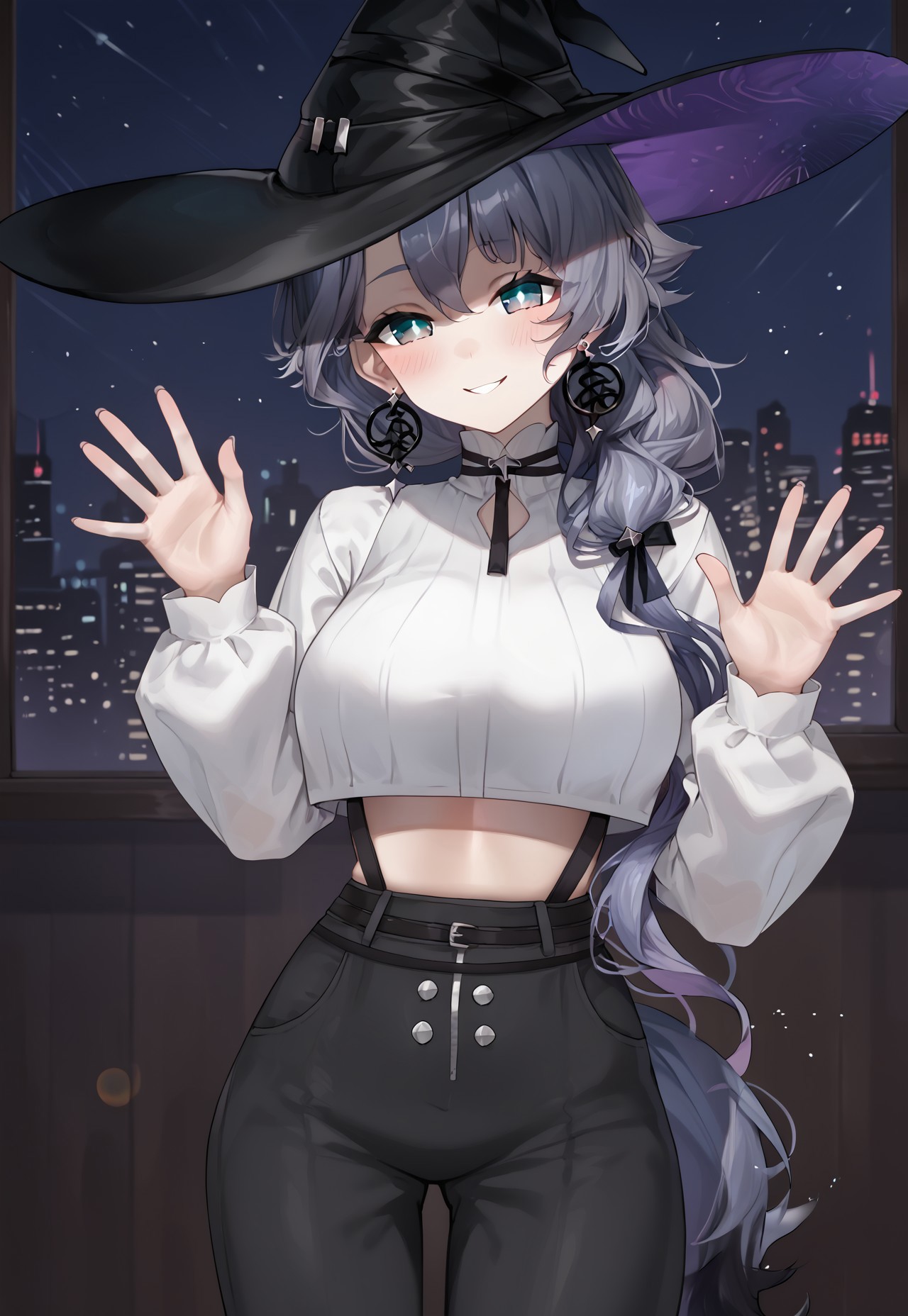 Michiru2nd, long hair, earrings, blue eyes, bangs, grey hair, witch hat, black headwear, purple hair, hair over shoulder,

large breasts, crop top, white shirt, long sleeves, sleeves past wrists, black pants, midriff, high-waist pants, black ribbon, white sleeves,

looking at viewer, light smile, half-closed eyes, head tilt, blush, hands up, waving,
 
indoor, window, city, neon lights, dark, night, night sky, 

1girl, solo, solo focus, highres, absurdres, light particles, backlighting, shade, lens flare, shiny skin, fine fabric emphasis,
