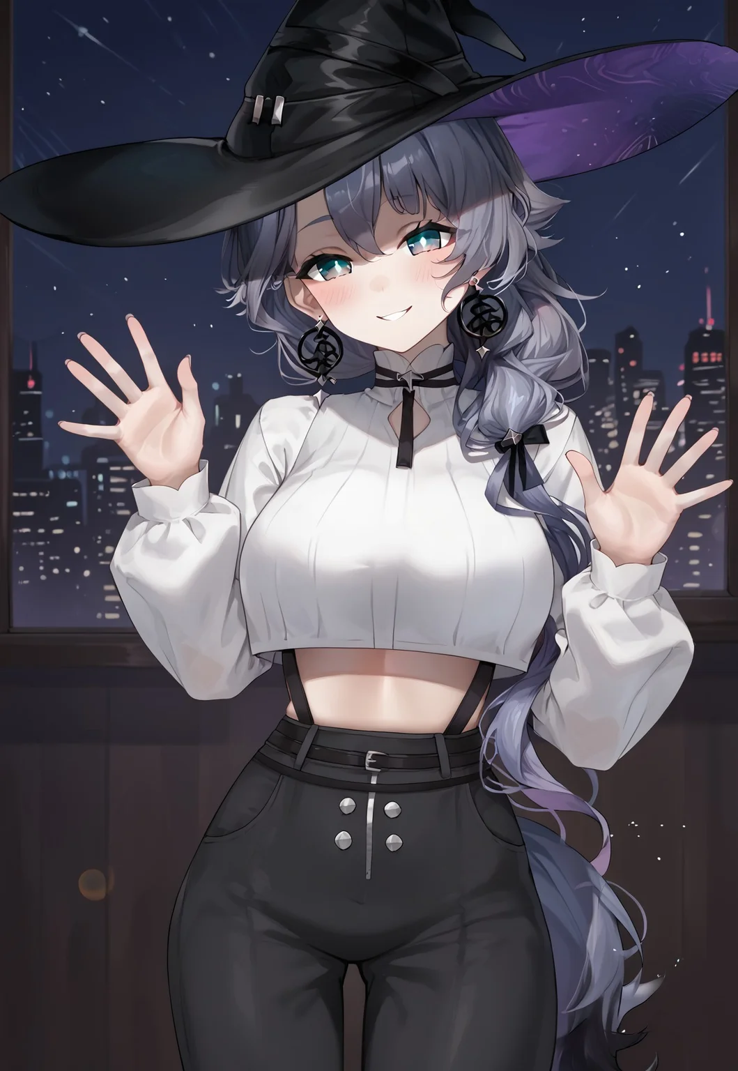 Michiru2nd, long hair, earrings, blue eyes, bangs, grey hair, witch hat, black headwear, purple hair, hair over shoulder,
large breasts, crop top, white shirt, long sleeves, sleeves past wrists, black pants, midriff, high-waist pants, black ribbon, white sleeves,
looking at viewer, light smile, half-closed eyes, head tilt, blush, hands up, waving,
indoor, window, city, neon lights, dark, night, night sky,
1girl, solo, solo focus, highres, absurdres, light particles, backlighting, shade, lens flare, shiny skin, fine fabric emphasis,