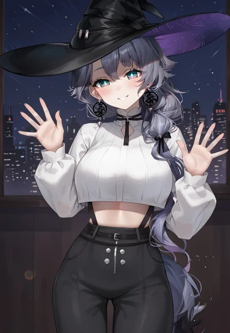 Michiru2nd, long hair, earrings, blue eyes, bangs, grey hair, witch hat, black headwear, purple hair, hair over shoulder,
large breasts, crop top, white shirt, long sleeves, sleeves past wrists, black pants, midriff, high-waist pants, black ribbon, white sleeves,
looking at viewer, light smile, half-closed eyes, head tilt, blush, hands up, waving,
indoor, window, city, neon lights, dark, night, night sky,
1girl, solo, solo focus, highres, absurdres, light particles, backlighting, shade, lens flare, shiny skin, fine fabric emphasis,