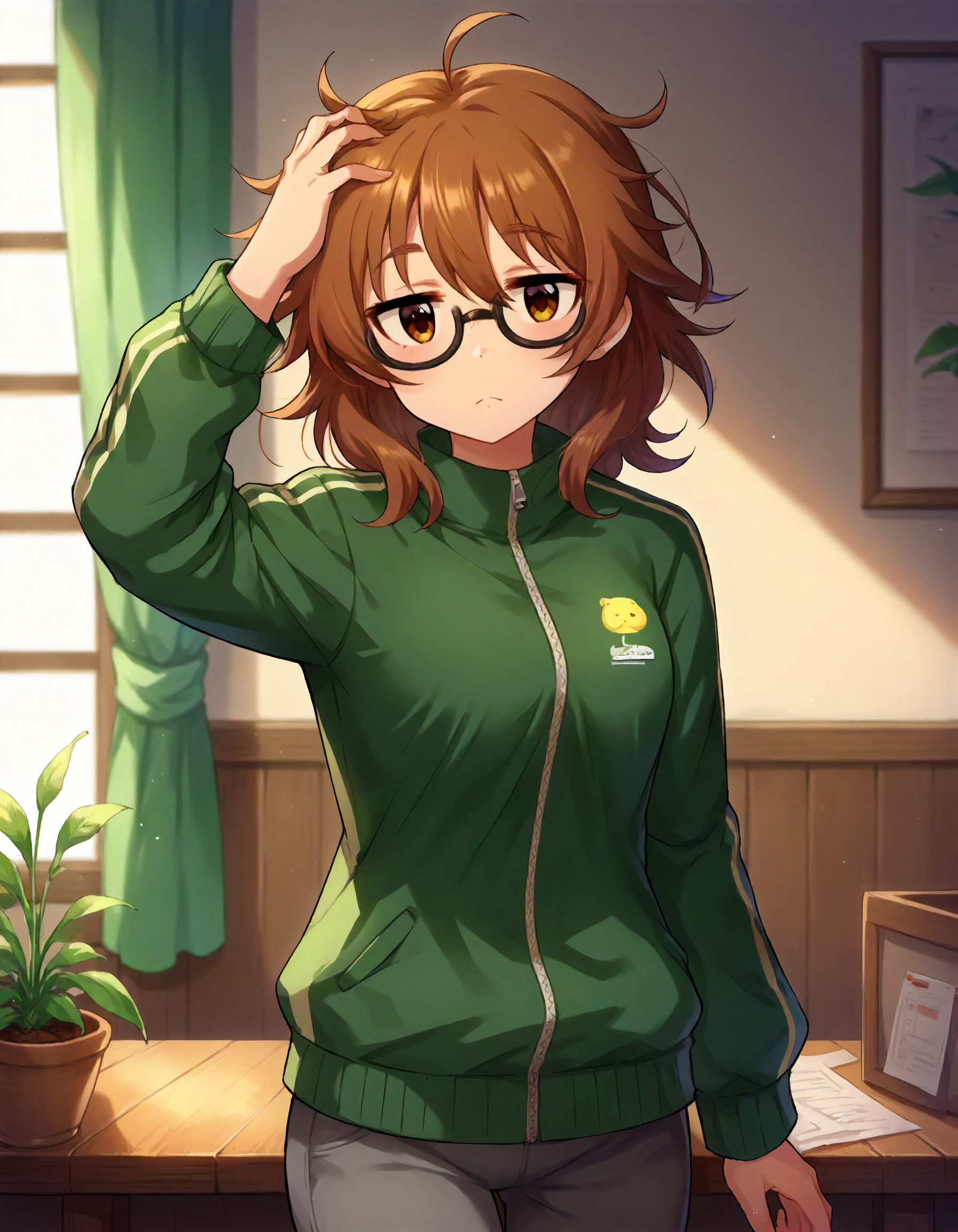 score_9,score_8_up,score_7_up,1girl,solo,cowboy shot,looking at viewer,indoors,hand on own head,
<lora:arakihina_ponyXLV6:0.8>,cgarh,
brown hair,medium hair,messy hair,ahoge,brown eyes,black-framed eyewear,
green track jacket,gray pants