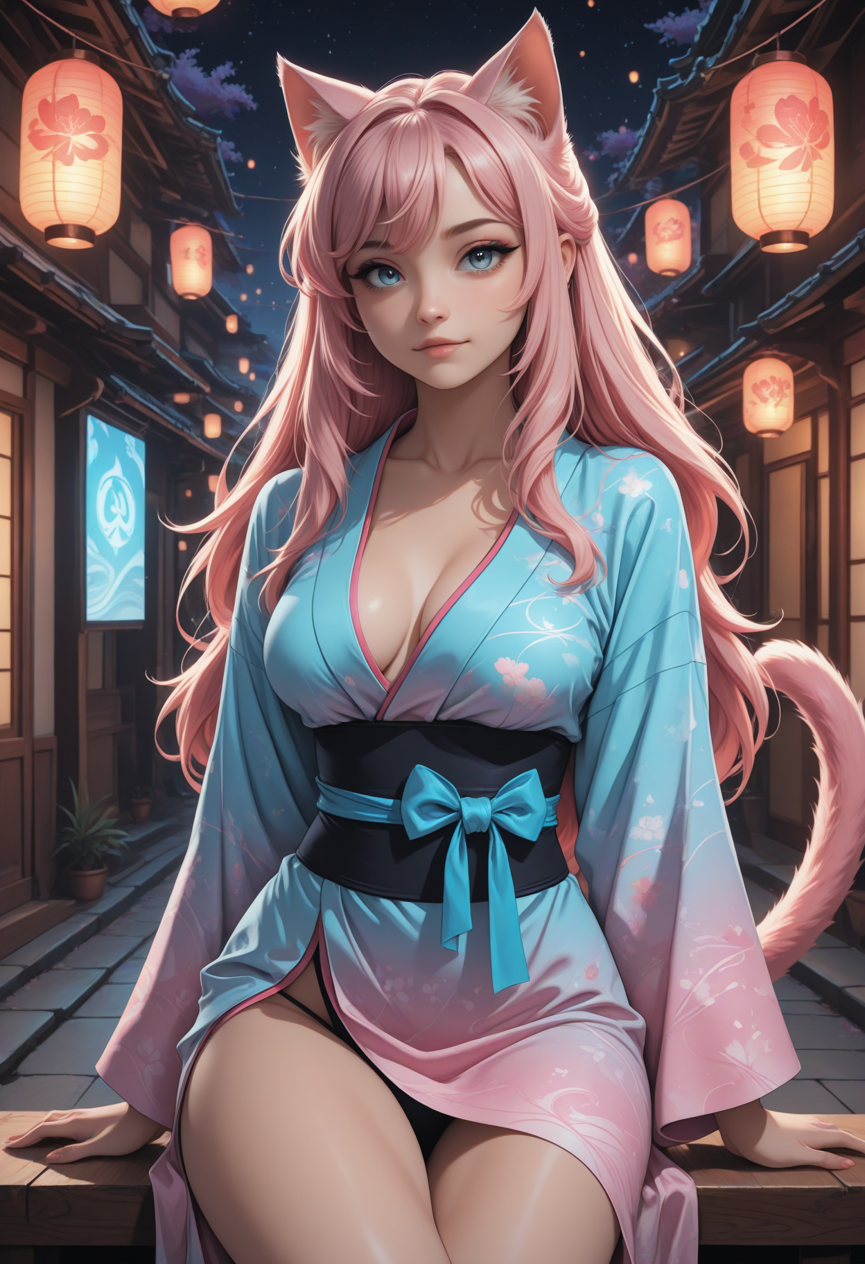 1girl, pink hair, cat ears, cat tail, masterpiece, 4k, medium breasts, cute, looking at viewer, adult, neon edge kimono, blue eyes, general,  sfw, CatGirlStyle <lora:CatgirlStyle_v2_Illustrious:1>
