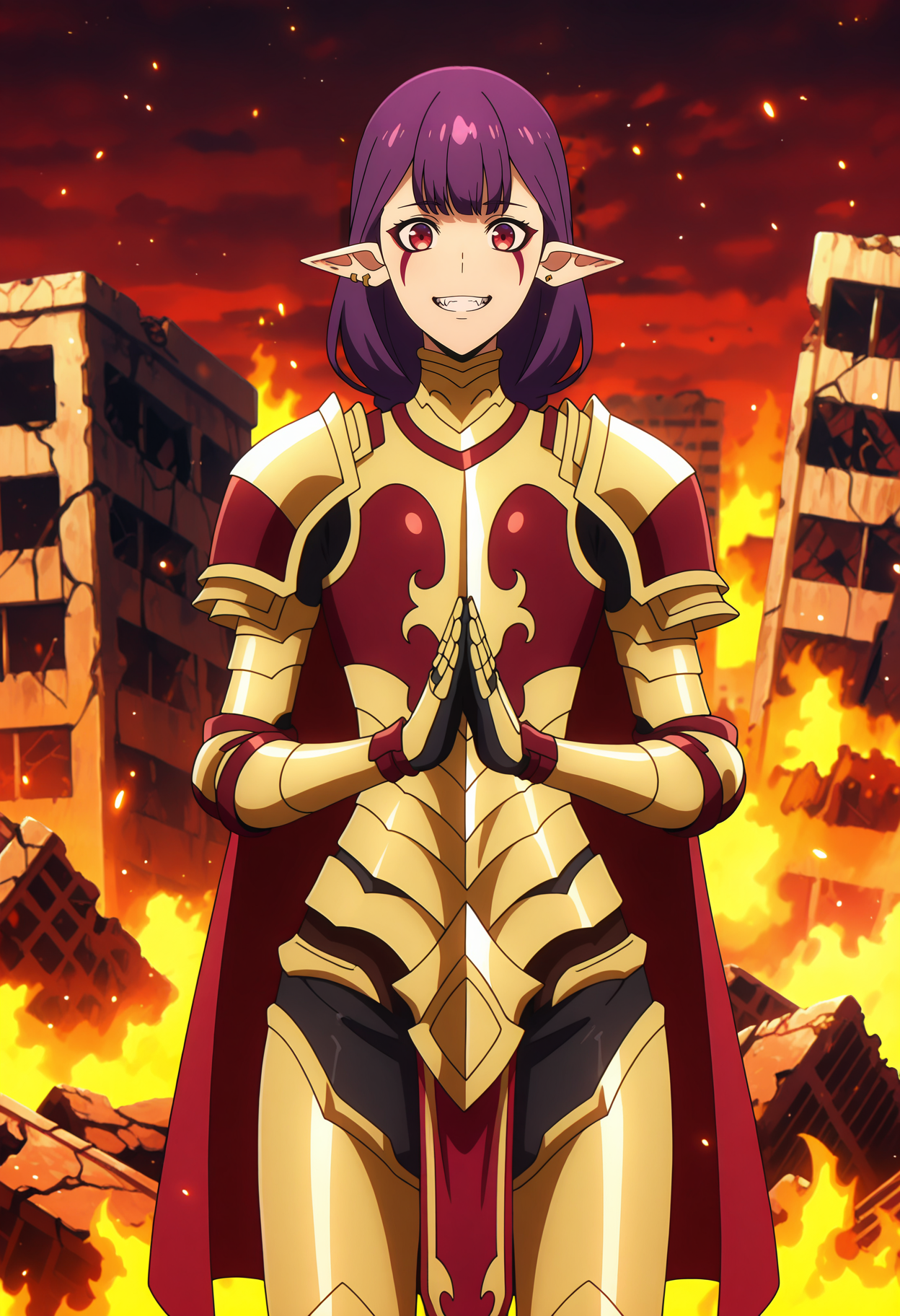 anime screencap, masterpiece, best quality,
<lora:SoloLeveling_EsilRadiru_IlluXL:0.9>,
1girl, solo, smile, clenched teeth, fangs,
single braid, long hair, purple hair, red eyes, facial mark, pointy ears, earrings, 
gold armor, red armor, red cape, pauldrons, breastplate, gauntlets, pelvic curtain, greaves,
upper body, own hands together, standing, looking at viewer, cowboy shot,
red sky, ruins, fire, embers, blurry background