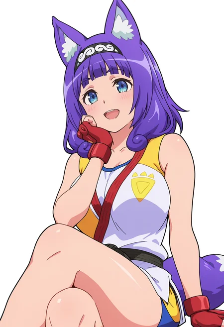Smooth Quality,masterpiece,very intricate, high quality details, ultra realistic, high detailed skin,detailed enviorement,absurdres,
pinky out,solo,
 <lora:Kyan_Hitamu_CNR:0.8> hitamu_cnr, fox ears,animal ear fluff,blue eyes,purple hair, medium hair,long hair, blunt bangs,large breasts, hairband, fox tail, 
hitamu_dfe_cnr, collarbone,dougi, martial arts belt,white shirt, yellow shirt,sleeveless shirt,fingerless gloves, red gloves,, simple background, white background, dynamic angle,
sitting pose, legs crossed, one hand resting on chin, playful smile, relaxed shoulders,  ,, :d,