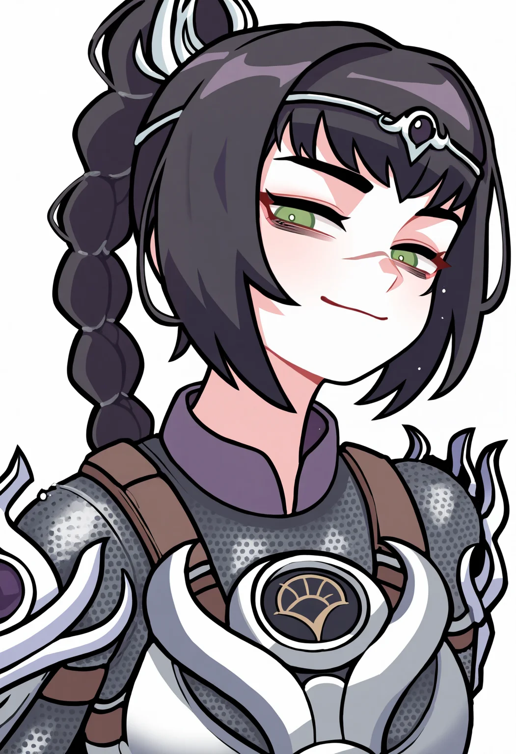 best quality, amazing quality, very aesthetic, absurdres, BREAK
1girl, solo, shadowheart, black hair, braided ponytail, green eyes, scar on face, circlet, armor,
smile, looking at viewer, upper body, simple background, white background, <lora:ShadowHeartIllustrious_byKonan:0.8>, <lora:ShoeguyNoob_byKonan:1>