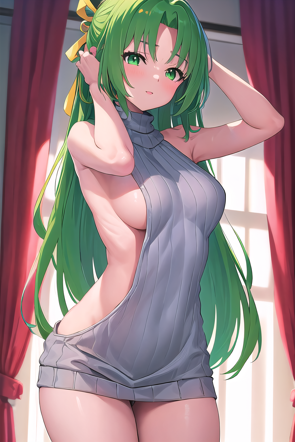 masterpiece, best quality, ultra-high-detailed, virgin killer sweater, backless outfit,  Sonozaki Shion, green hair, green eyes, long hair, yellow ribbon,