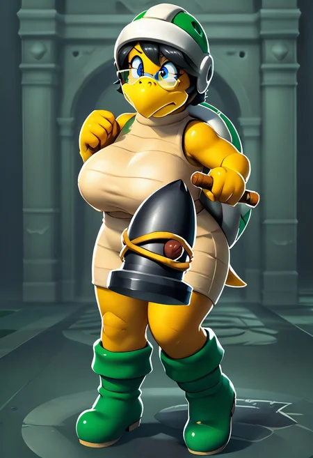 Score_10, score_9, score_8, full body, solo, 1girl, mature female, curvy, large breasts, shyteru,black hair,blue eyes,glasses, hammerbro, helmet, boots, green footwear, holding, hammer, weapon
