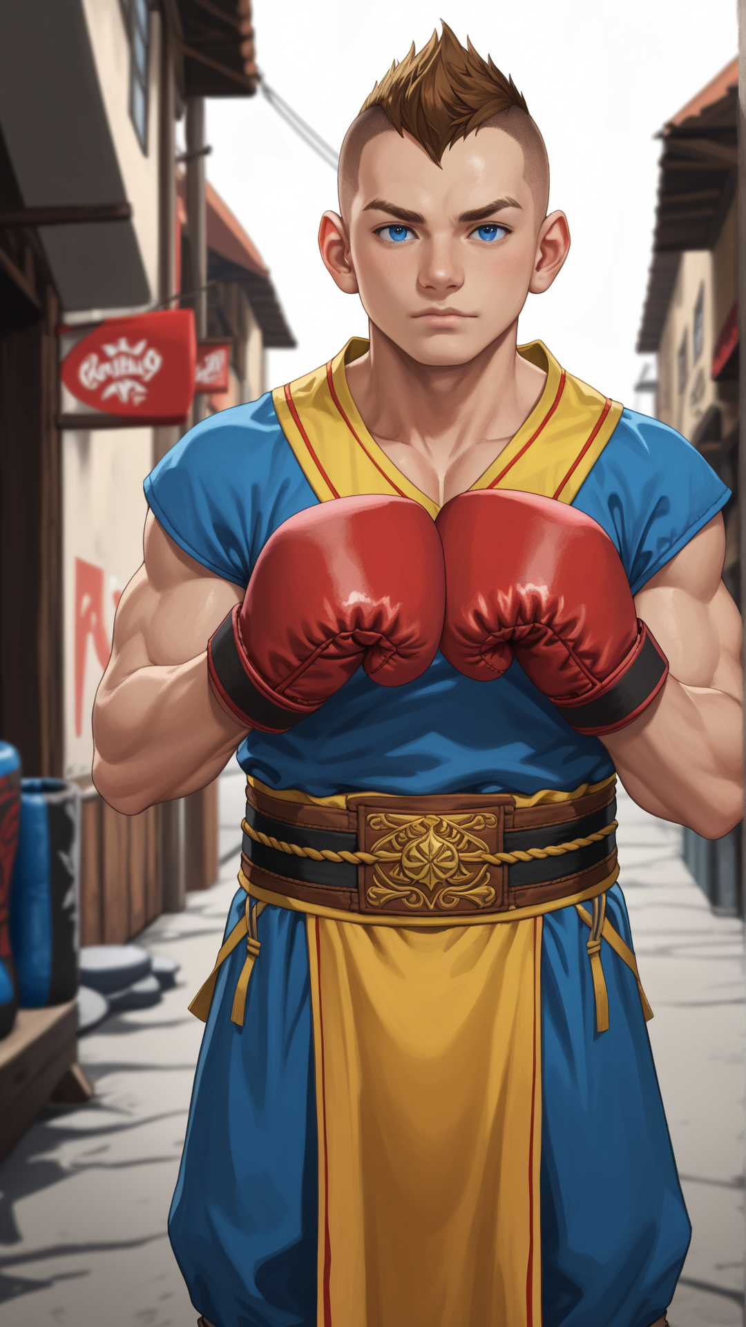 score_9, score_8_up, score_7_up, score_6_up, score_5_up, score_4_up, rating_safe, video game style, <lora:GoWRAtreusPDXL:1>GoWRAtreus, 12 y-o young boy, solo,  (Boxing:1.5) in a alleyway location.
Blue eyes and short brown buzzcut. GoWRAtreus is wearing a (yellow:0.5) tunic with leather details. Belts and straps crossing his body. (His waistcloth is red and blue:1.4). GoWRAtreus is wearing brown leather boots. His right arm is bare and has a tattoo. GoWRAtreus expression is Bored, A slack jaw, drooping eyelids, and a slightly uninterested gaze..