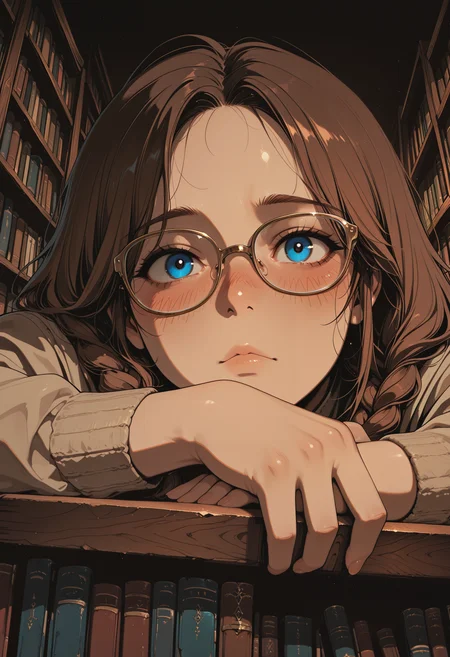 embedding:IllusP0s, codex sss chroma
1girl, solo, close-up, looking_at_viewer, glasses, library, bookshelf, brown_hair, braids, double_braids, blue_eyes, blush, dark_background
