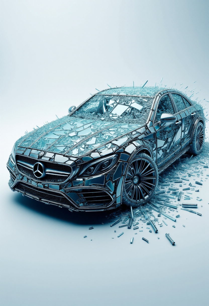 <lora:Glass_Fracture_Former_FLUX-000017:0.9>
This is a digital artwork featuring a stylized, surreal image of a car made entirely of shattered glass.