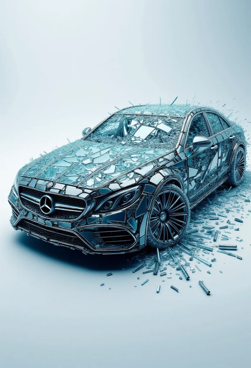 <lora:Glass_Fracture_Former_FLUX-000017:0.9>
This is a digital artwork featuring a stylized, surreal image of a car made entirely of shattered glass.