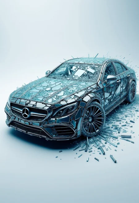 <lora:Glass_Fracture_Former_FLUX-000017:0.9>
This is a digital artwork featuring a stylized, surreal image of a car made entirely of shattered glass.