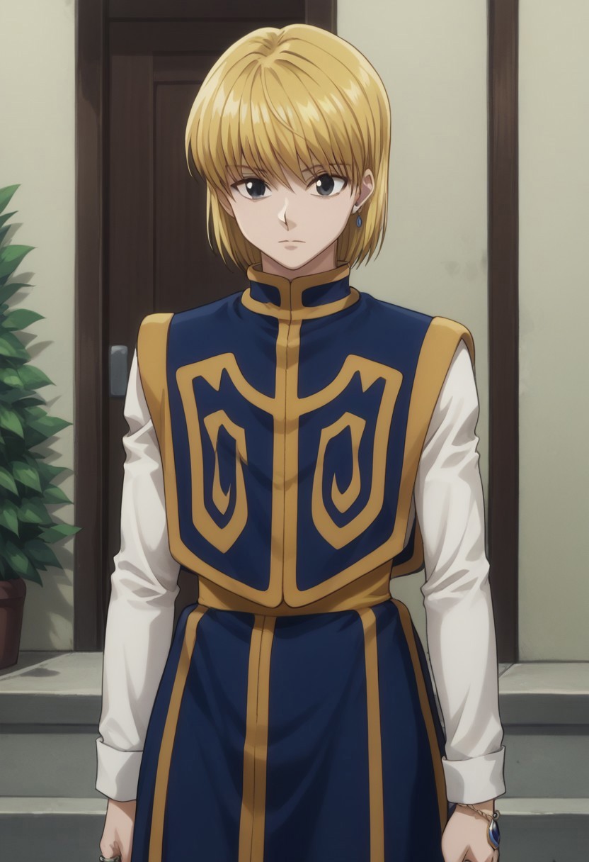 score_9, score_8_up, score_7_up, source_anime, highly detailed, 

kurapika, 1boy, male focus, solo, blonde hair, bangs, medium hair, alternate hairstyle, black eyes, shirt, white shirt, long sleeves, tabard, blue and yellow tabard, pants, white pants,  jewelry, rings, single earring, upper body,

outdoor, 