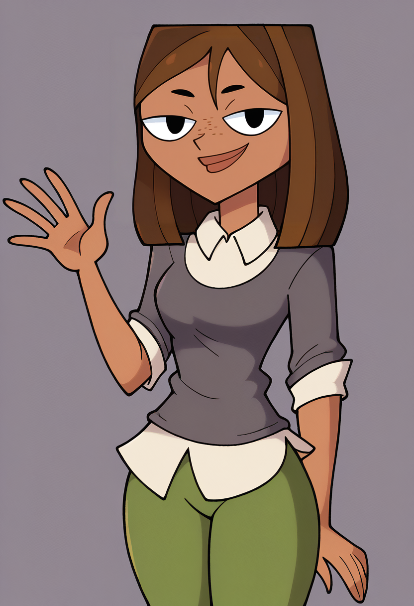 score_9, BREAK <lora:stealthbrock-guy-PONYv1:1>, 1girl, solo,  <lora:courtneytd-guy-PONYv1:0.95> courtneytd, dark skin, freckles, grey shirt, collard shirt, sweater, sleeves rolled up, green pants, looking at viewer,