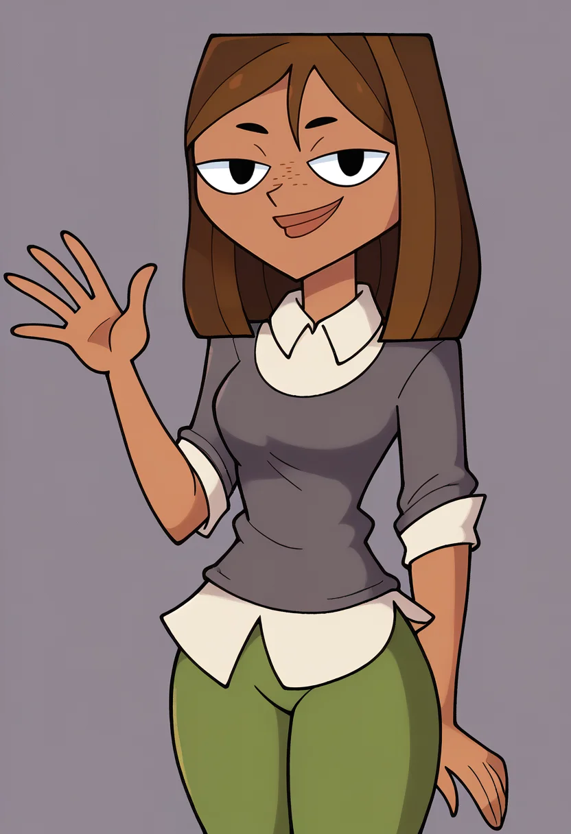 score_9, BREAK <lora:stealthbrock-guy-PONYv1:1>, 1girl, solo, <lora:courtneytd-guy-PONYv1:0.95> courtneytd, dark skin, freckles, grey shirt, collard shirt, sweater, sleeves rolled up, green pants, looking at viewer,
