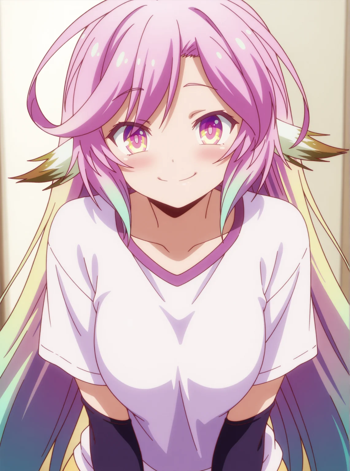 best quality,amazing quality,<lora:jibril:1>,jibril,yellow eyes,multicolored eyes,t-shirt,smile,