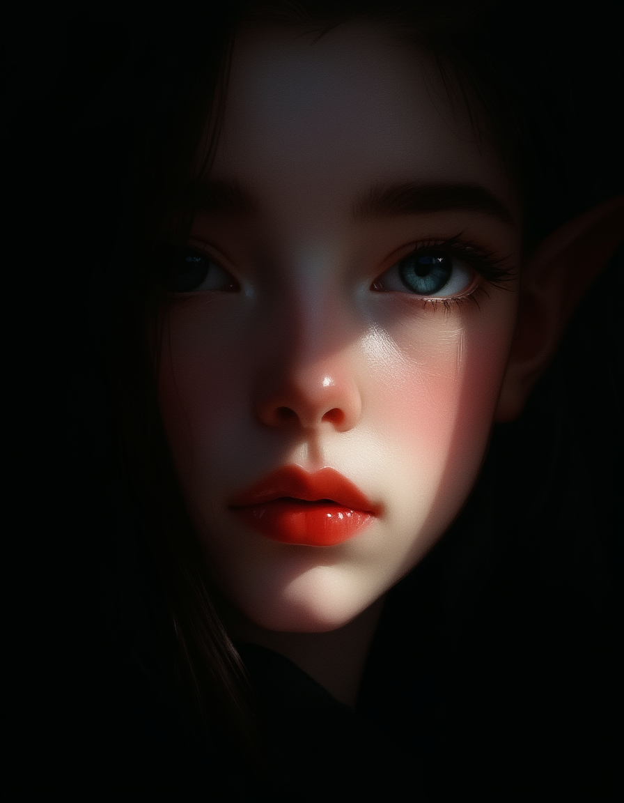 An ultra-detailed, close-up portrait of a tween elf girl captured with a strong chiaroscuro lighting effect. The composition highlights the striking contrast between light and shadow, with half of her face dramatically illuminated and the other half submerged in deep, velvety darkness. Her fair skin appears flawless and porcelain-like, exuding a soft glow where it catches the light. Her single visible eye is a vivid, icy blue, intensely focused and reflecting the ambient light, framed by naturally arched eyebrows and subtle eyeshadow that adds depth without overpowering the natural shape of her eye. Her face is delicate, with angular features and luminous, almost ethereal white skin, with small pointed elf ears. Her red lips are painted with a glossy, high-shine lipstick, creating an alluring focal point that draws the eye. The lips appear slightly parted, hinting at a confident, yet enigmatic expression. The gloss on her lips catches the light perfectly, emphasizing their fullness and texture. The lighting carefully carves out the contours of her nose and cheekbone, lending a sculpted, almost cinematic quality to her face. The background is pitch black, enhancing the drama and making her illuminated features stand out starkly against the darkness. The shadow line across her face is sharp and precise, adding to the mysterious allure. Shallow depth of field. elaborate details, (2/3 rule composition:0.5), ultra detailed, romantic, Rembrandt lighting, brush stroke, lovely, del1cate_balance style, novuschroma, in the style of Rembrandt. vantablack <lora:style_of_Rembrandt_FLUX_135:.8> <lora:- Flux1 - vanta_black_V2.0:.8> <lora:Delicate_Balance:.3> <lora:neeeg_f1:-1> <lora:113_novuschromaFLX_1:.4>